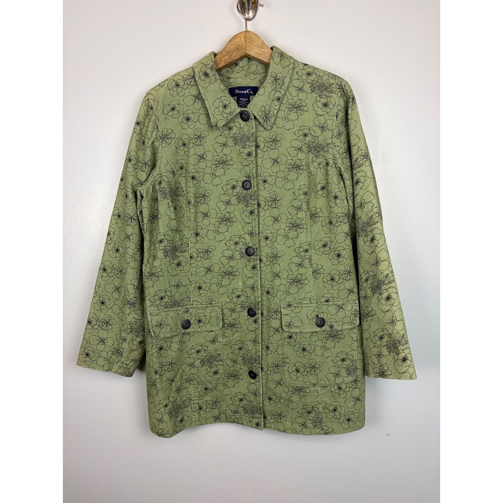 Denim & Co Sage Green Floral Corduroy‎ Barn Jacket Medium Button Front